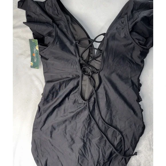 Blooming Jelly Women's One Piece Swimsuit XL Black Flutter Sleeved Ruched Tummy - Picture 3 of 5